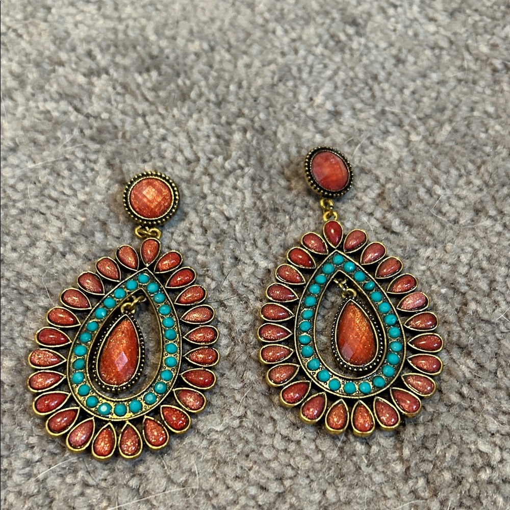 Elegant Turquoise and Red Teardrop Earrings
